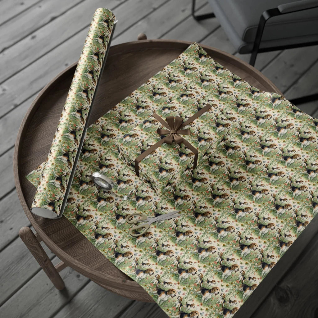 Beagle Wildflower Wrapping Paper — gift wrapping presented on a wooden table