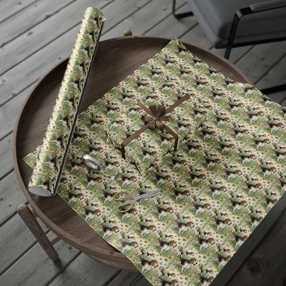 Beagle Wildflower Wrapping Paper — gift wrapping presented on a wooden table