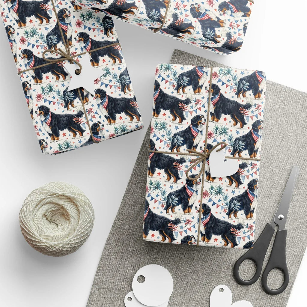 Bernese Mountain Dog Americana Wrapping Paper — styled gift wrapping with scissors and twine