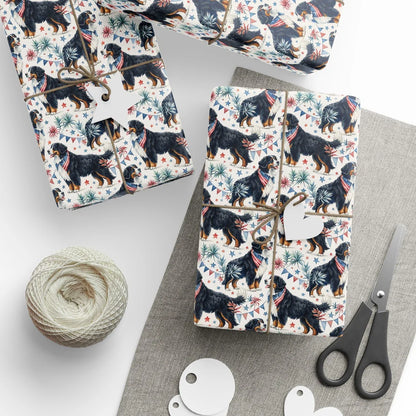 Bernese Mountain Dog Americana Wrapping Paper — styled gift wrapping with scissors and twine
