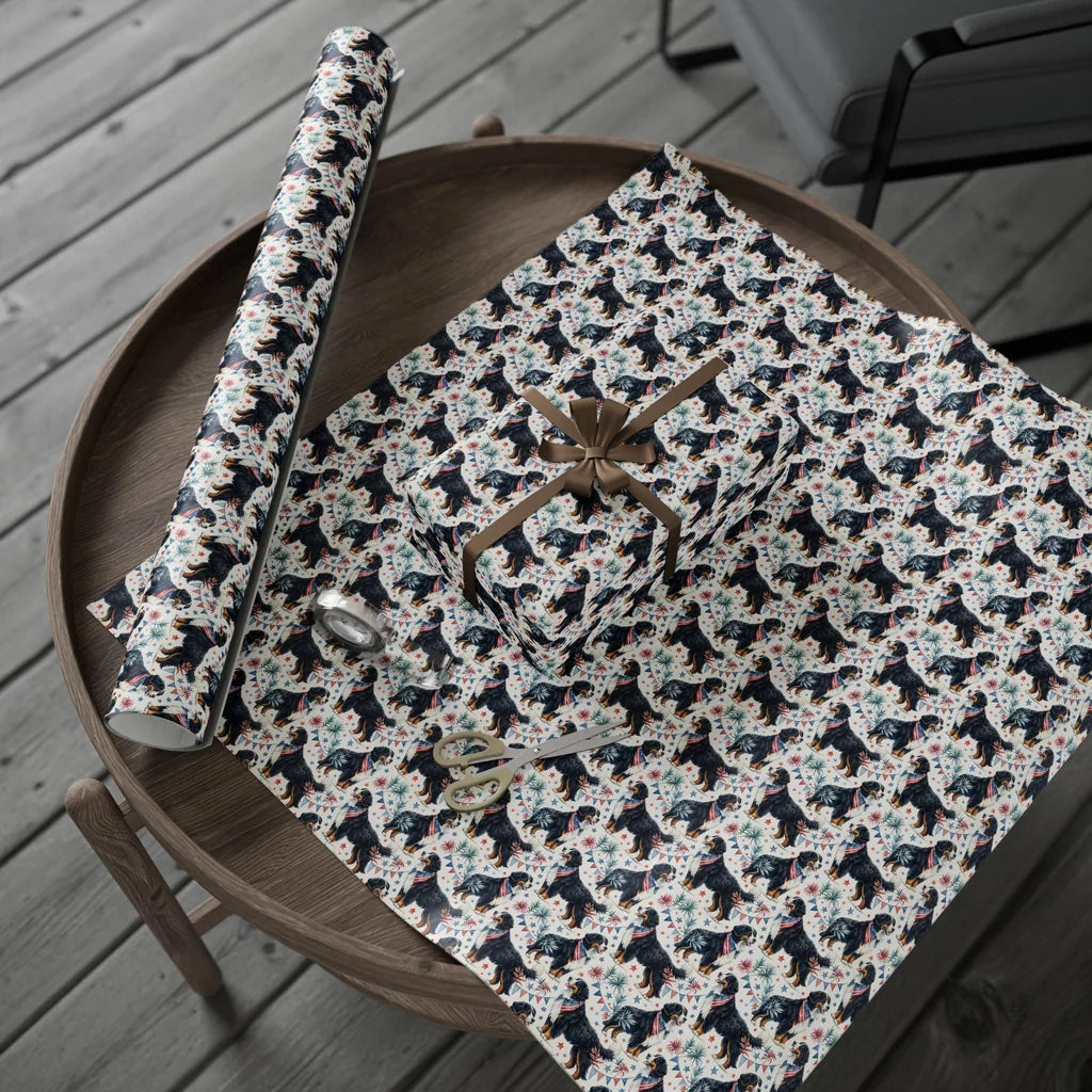 Bernese Mountain Dog Americana Wrapping Paper — gift wrapping presented on a wooden table