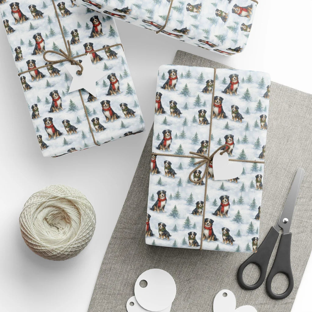 Bernese Mountain Dog Christmas Wrapping Paper — styled gift wrapping with scissors and twine