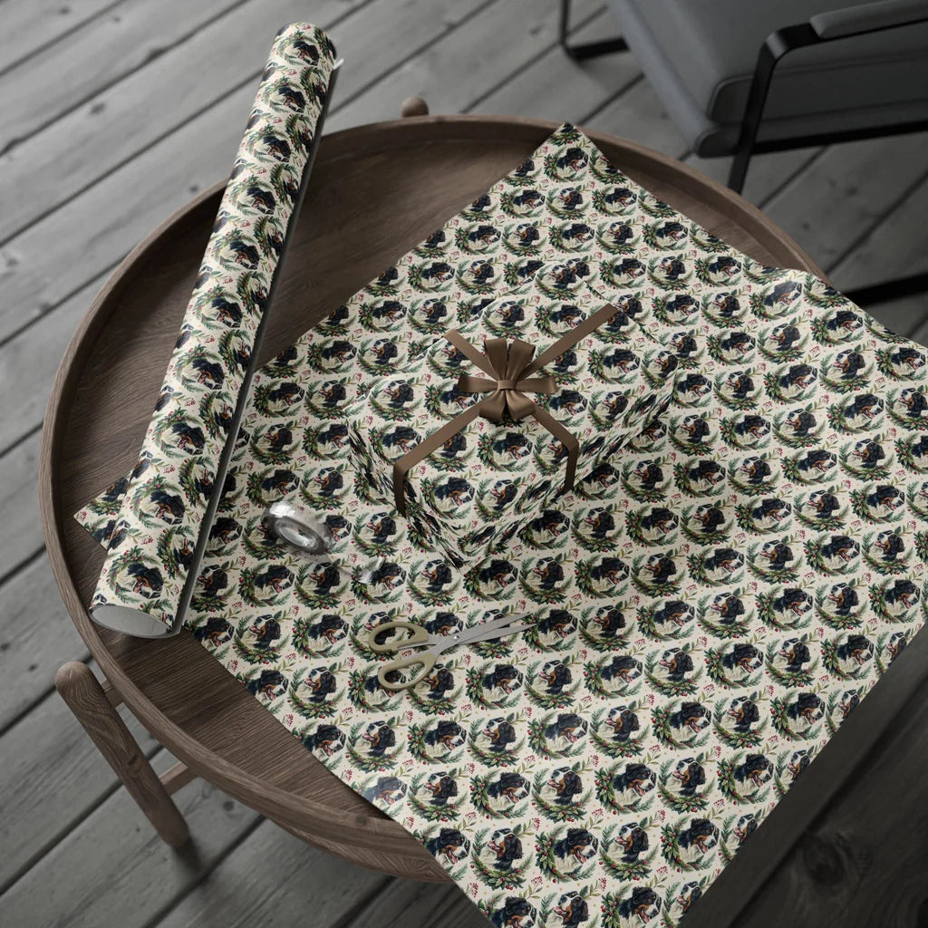 Bernese Mountain Dog Christmas Wrapping Paper — gift wrapping presented on a wooden table