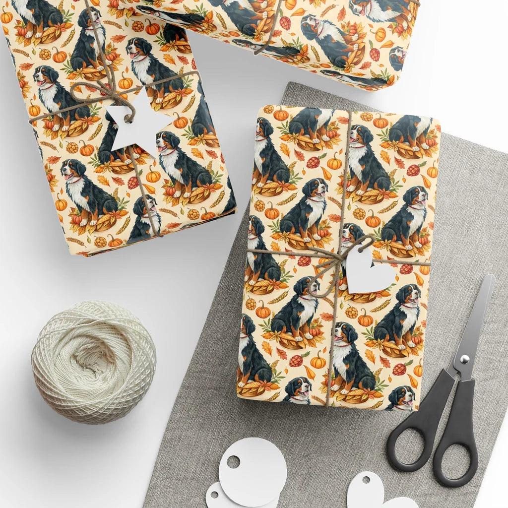 Bernese Mountain Dog Fall Harvest Wrapping Paper — styled gift wrapping with scissors and twine