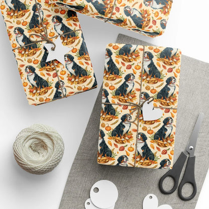 Bernese Mountain Dog Fall Harvest Wrapping Paper — styled gift wrapping with scissors and twine