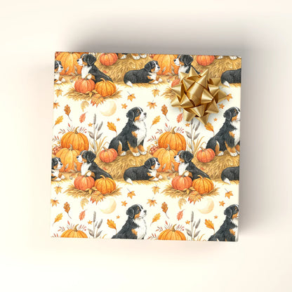 Bernese Mountain Dog Fall Pumpkin Patch Wrapping Paper — wrapped gift presentation
