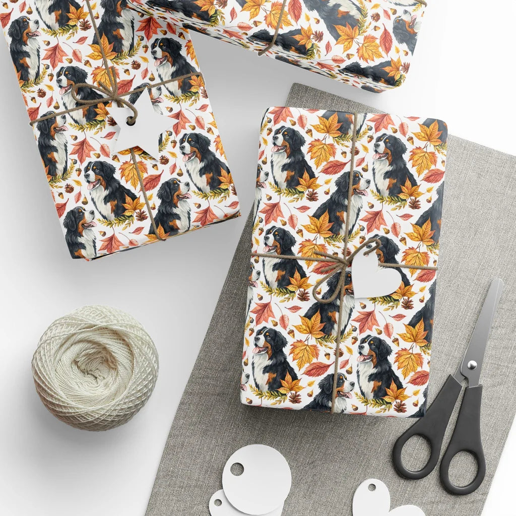Bernese Mountain Dog Fall Wrapping Paper — styled gift wrapping with scissors and twine