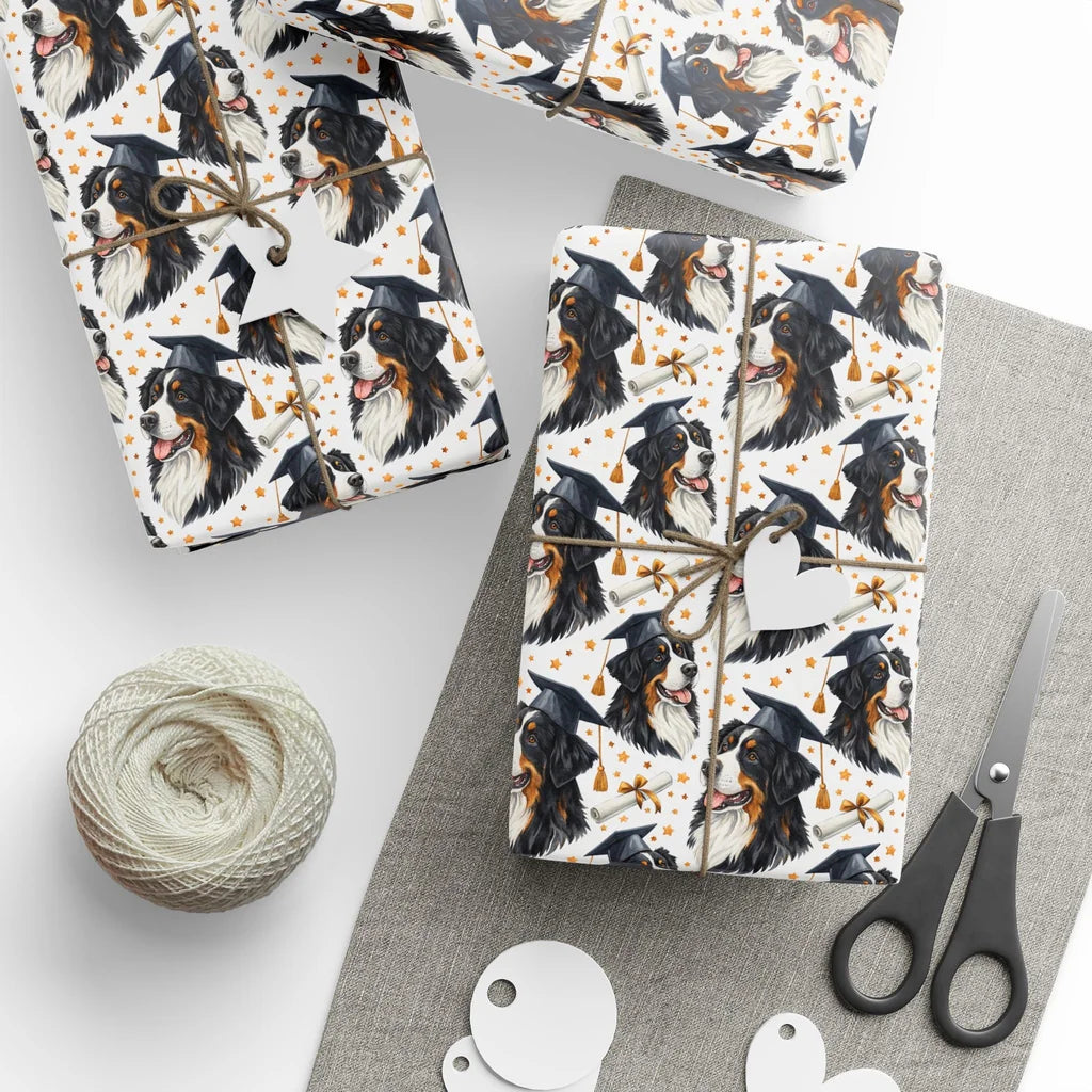 Bernese Mountain Dog Graduation Wrapping Paper — styled gift wrapping with scissors and twine