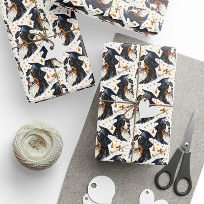 Bernese Mountain Dog Graduation Wrapping Paper — styled gift wrapping with scissors and twine