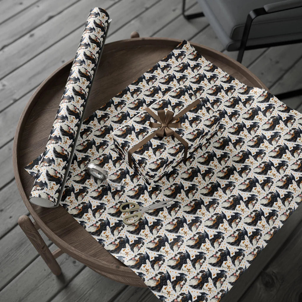 Bernese Mountain Dog Graduation Wrapping Paper — gift wrapping presented on a wooden table