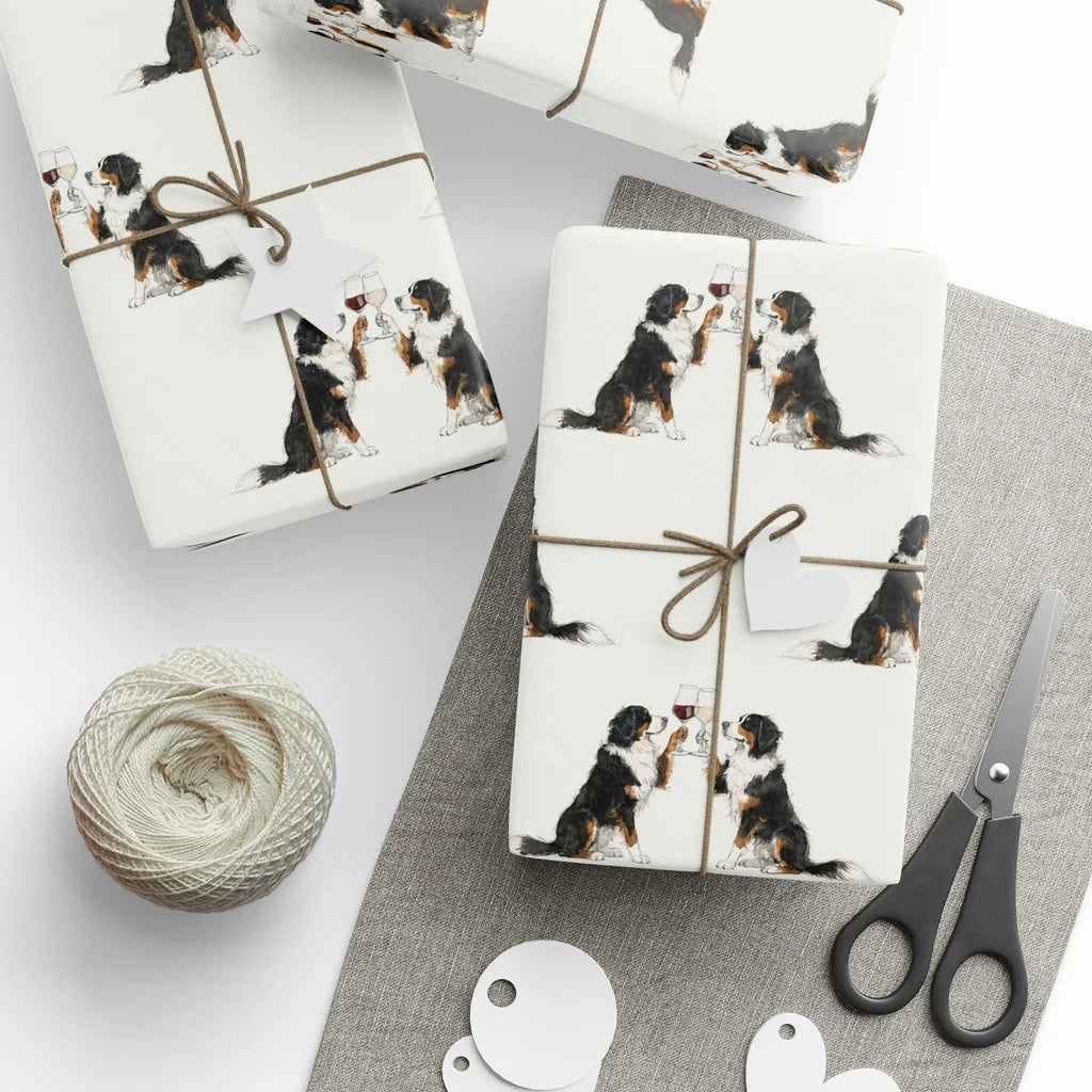 Bernese Mountain Dog Happy Hour Wrapping Paper — styled gift wrapping with scissors and twine