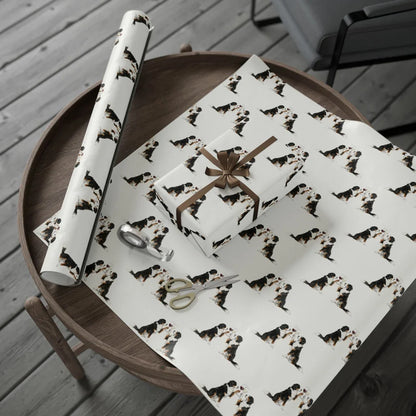 Bernese Mountain Dog Happy Hour Wrapping Paper — gift wrapping presented on a wooden table