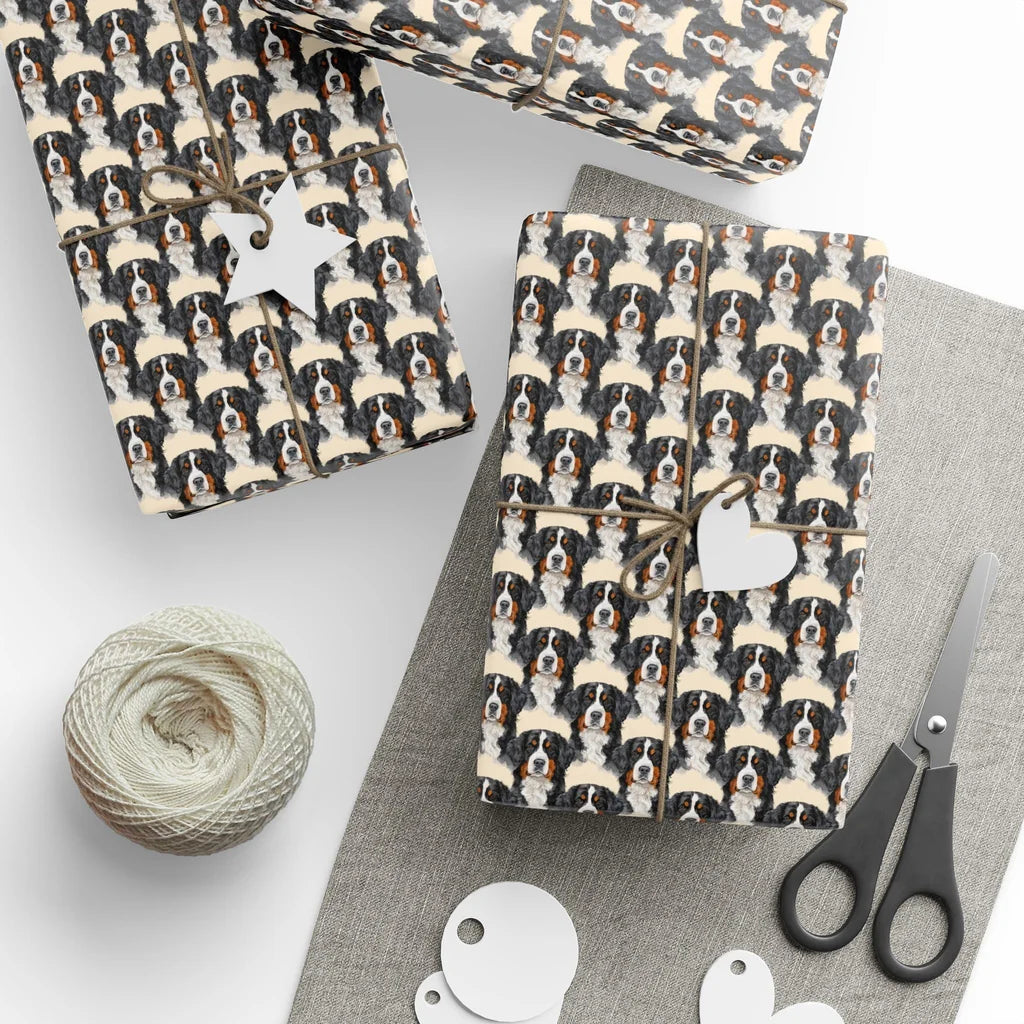 Bernese Mountain Dog Portrait Wrapping Paper — styled gift wrapping with scissors and twine