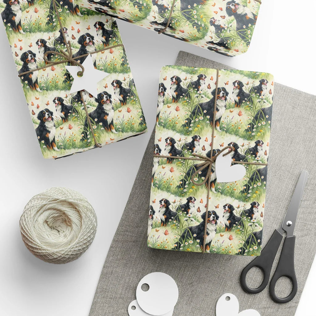 Bernese Mountain Dog Spring Meadow Wrapping Paper — styled gift wrapping with scissors and twine