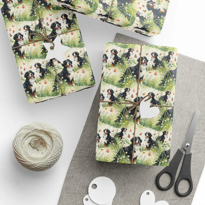 Bernese Mountain Dog Spring Meadow Wrapping Paper — styled gift wrapping with scissors and twine