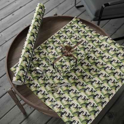 Bernese Mountain Dog Spring Meadow Wrapping Paper — gift wrapping presented on a wooden table