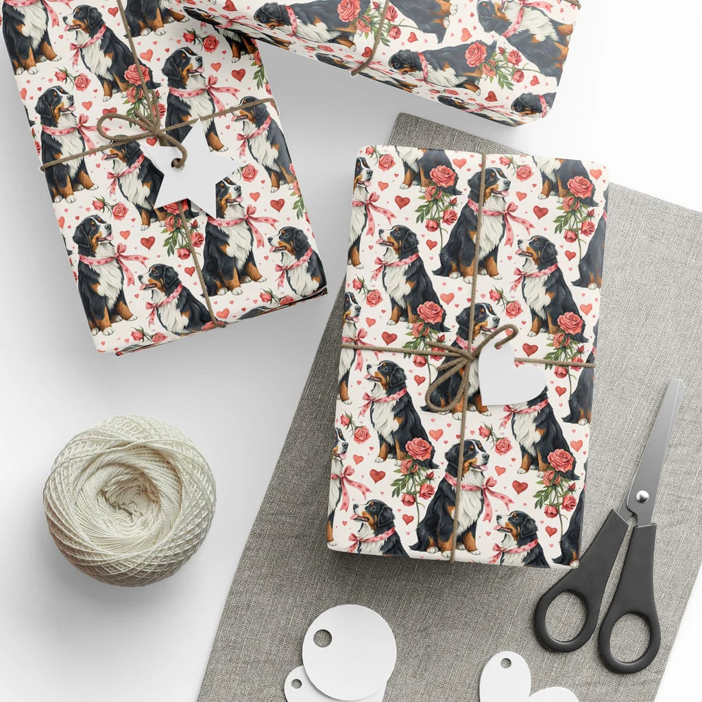 Bernese Mountain Dog Valentine's Day Wrapping Paper — styled gift wrapping with scissors and twine