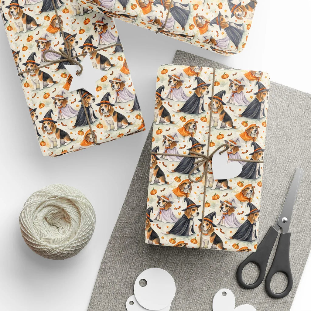 Bewitched Beagles Halloween Wrapping Paper — styled gift wrapping with scissors and twine