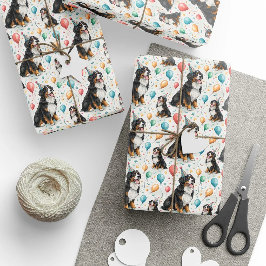 Birthday Bernese Mountain Dog Wrapping Paper — styled gift wrapping with scissors and twine