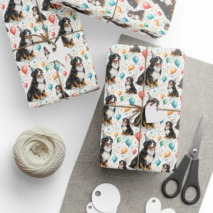 Birthday Bernese Mountain Dog Wrapping Paper — styled gift wrapping with scissors and twine