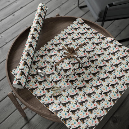 Birthday Bernese Mountain Dog Wrapping Paper — gift wrapping presented on a wooden table