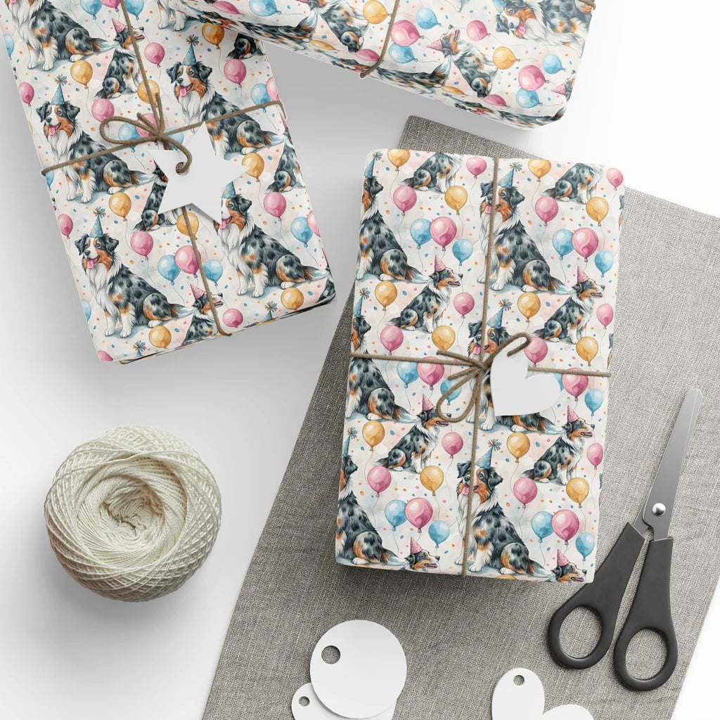 Birthday Boy: Australian Shepherd Birthday Wrapping Paper — styled gift wrapping with scissors and twine
