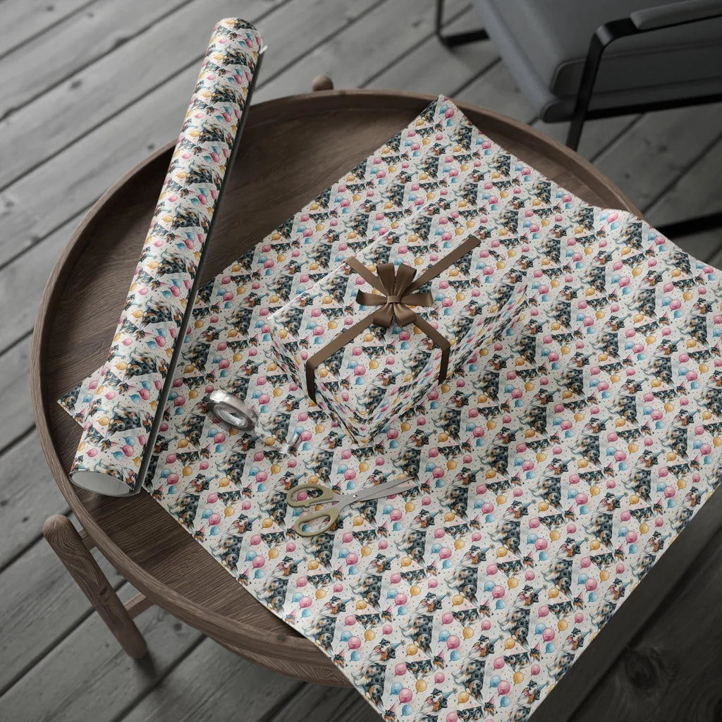 Birthday Boy: Australian Shepherd Birthday Wrapping Paper — gift wrapping presented on a wooden table