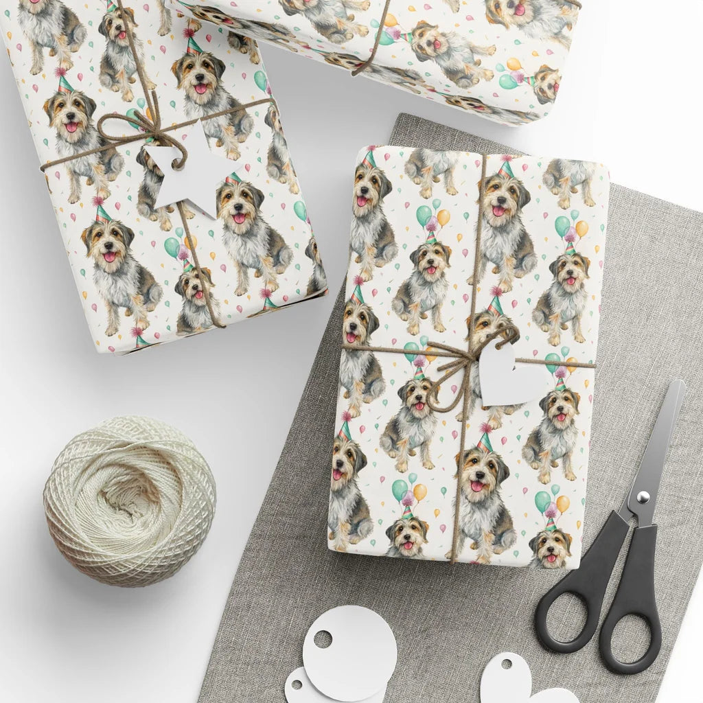 Birthday Boy: Scruffy Terrier Mix Birthday Wrapping Paper — styled gift wrapping with scissors and twine