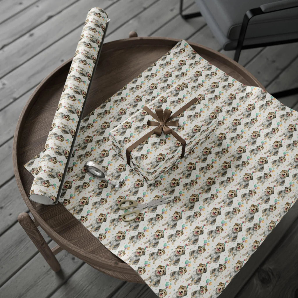Birthday Boy: Scruffy Terrier Mix Birthday Wrapping Paper — gift wrapping presented on a wooden table
