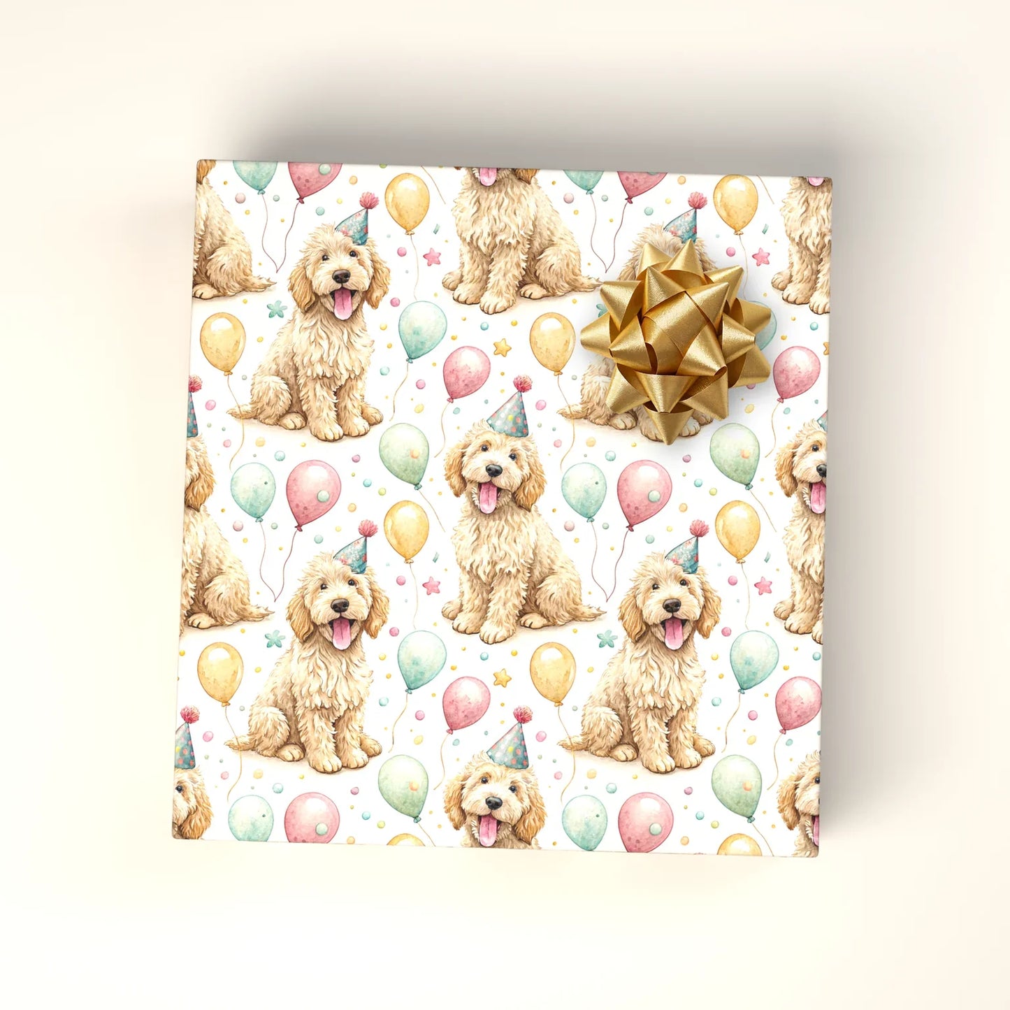 Birthday Party Goldendoodle Wrapping Paper — wrapped gift presentation