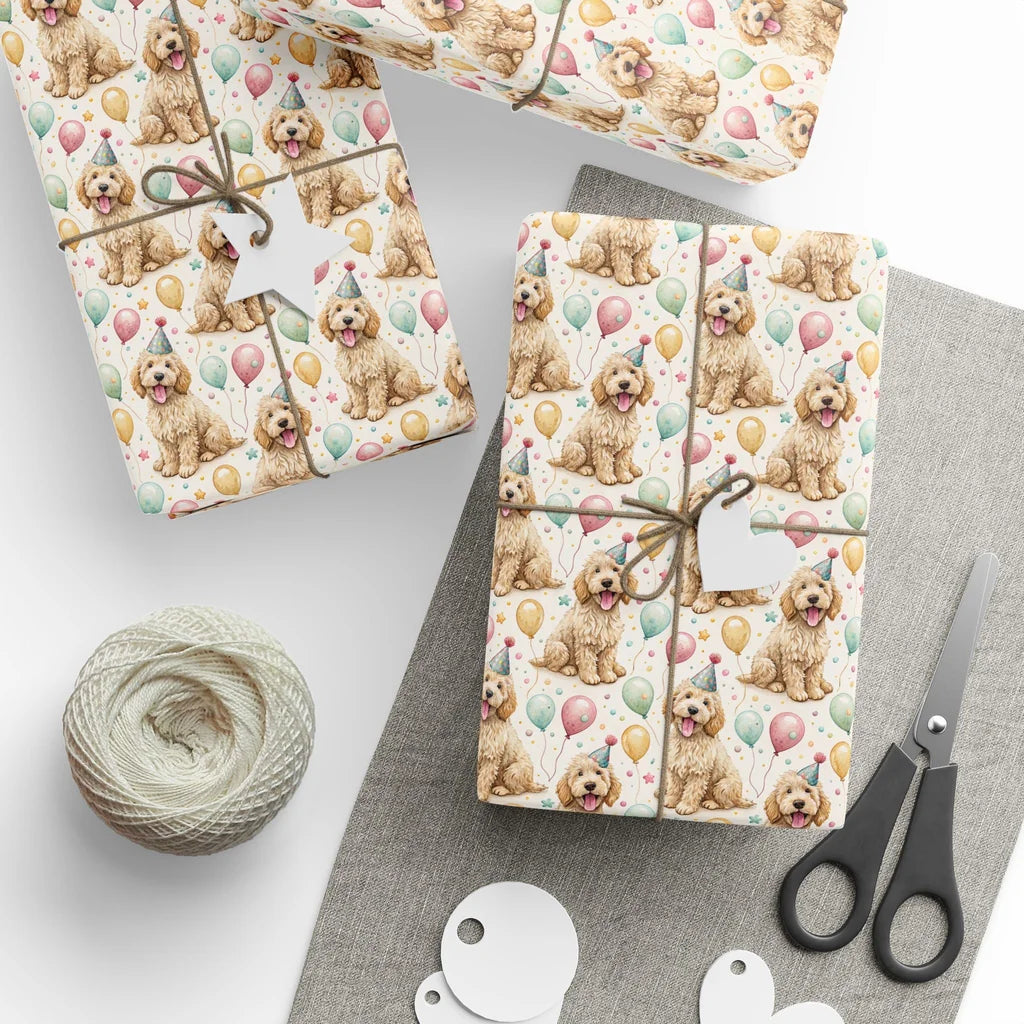 Birthday Party Goldendoodle Wrapping Paper — styled gift wrapping with scissors and twine