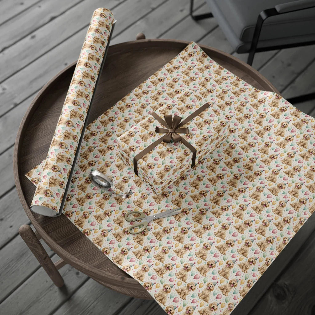 Birthday Party Goldendoodle Wrapping Paper — gift wrapping presented on a wooden table