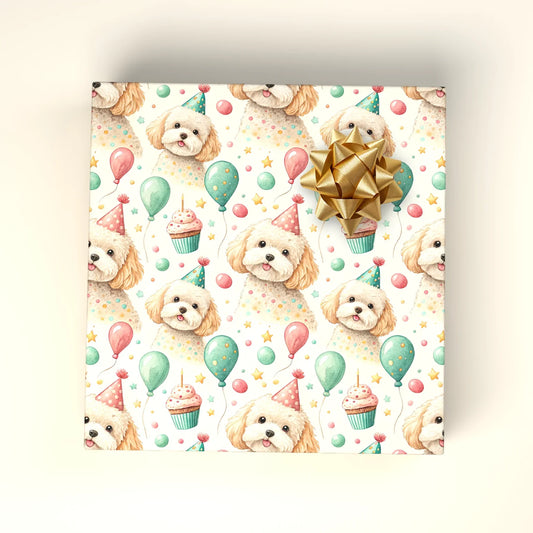 Birthday Party Maltipoo Wrapping Paper — wrapped gift presentation