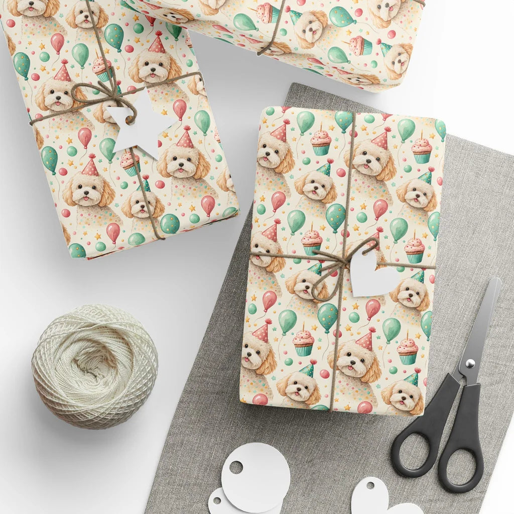 Birthday Party Maltipoo Wrapping Paper — styled gift wrapping with scissors and twine