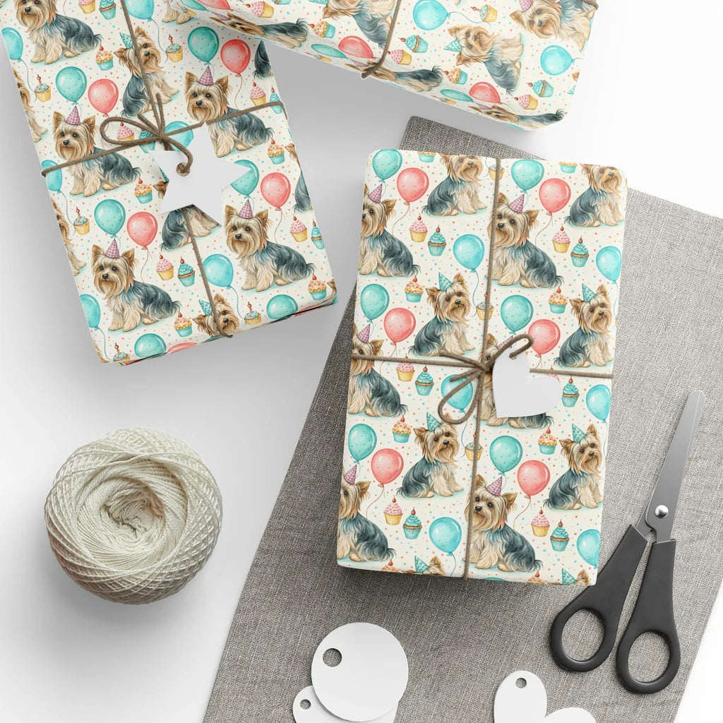 Birthday Party Yorkshire Terrier Wrapping Paper — styled gift wrapping with scissors and twine