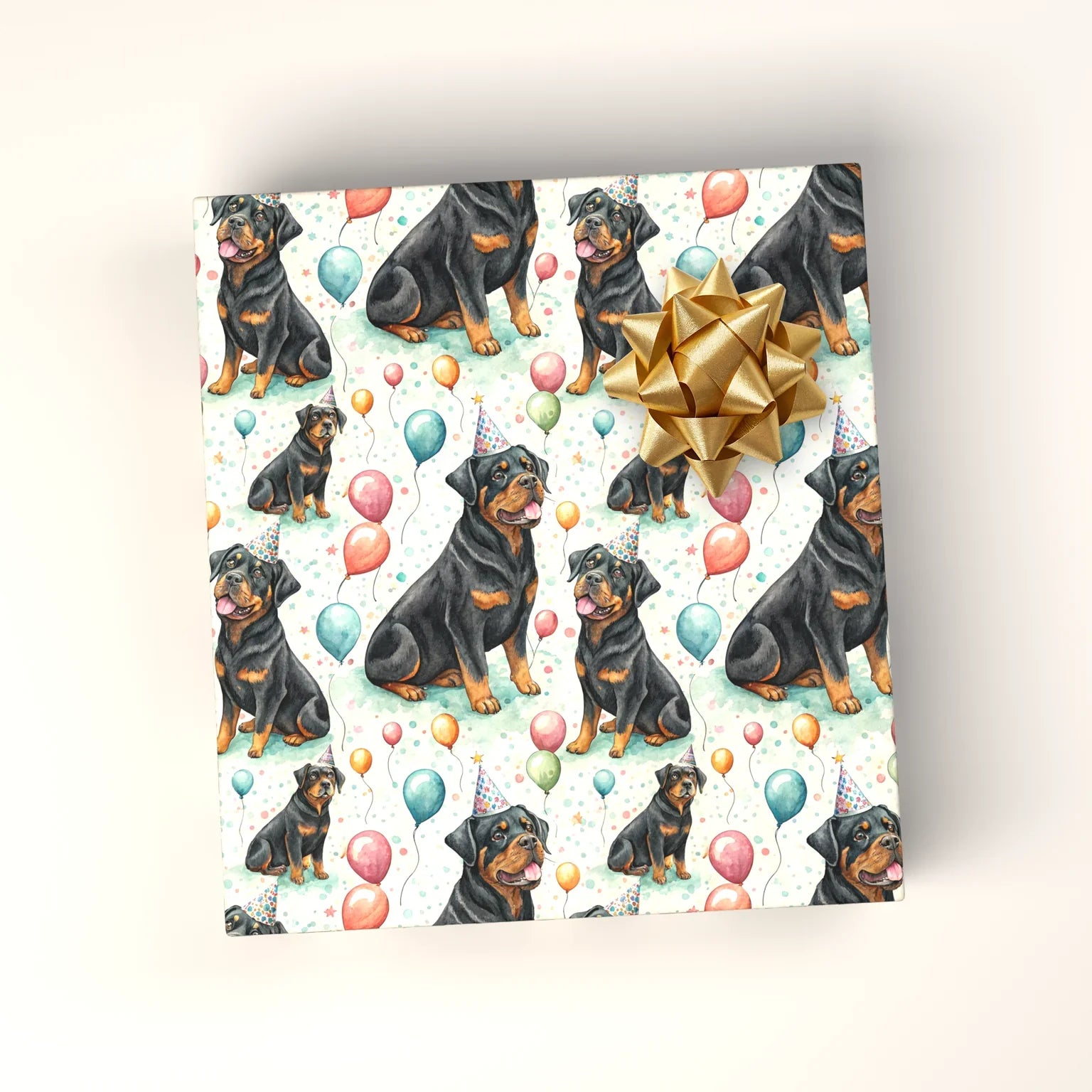 Birthday Rottweiler Wrapping Paper with Party Hats and Balloons — wrapped gift presentation