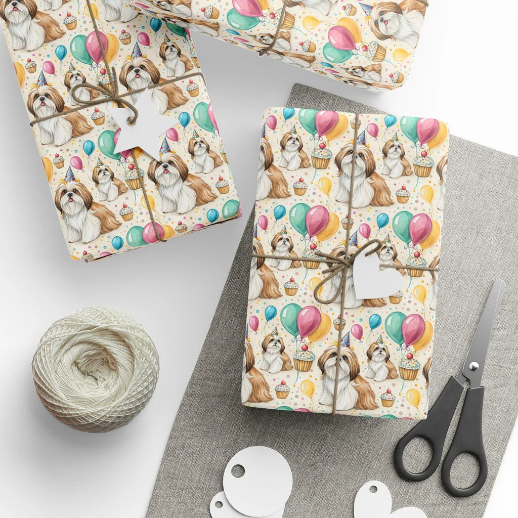 Birthday Shih Tzu Wrapping Paper — styled gift wrapping with scissors and twine
