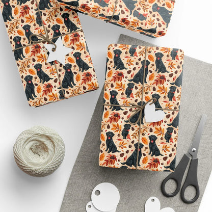 Black Lab Autumn Wrapping Paper — styled gift wrapping with scissors and twine