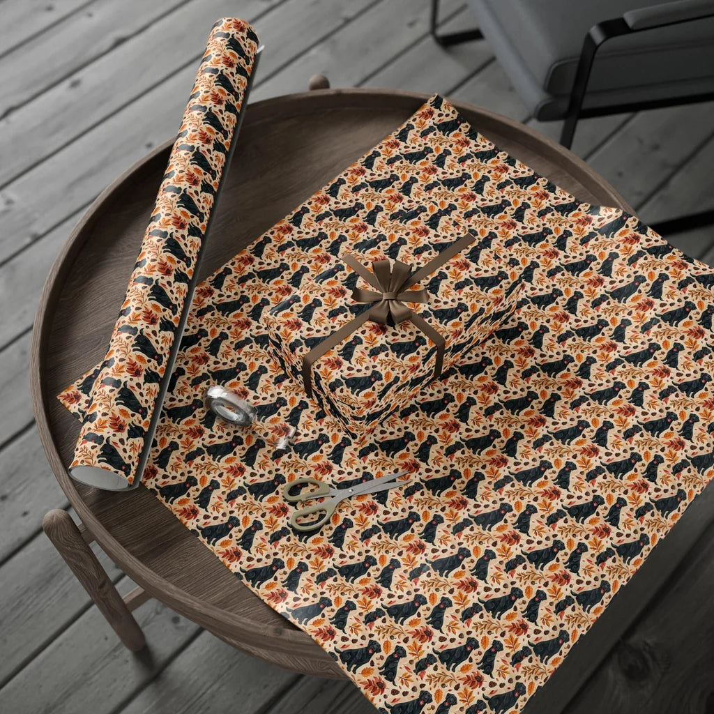 Black Lab Autumn Wrapping Paper — gift wrapping presented on a wooden table