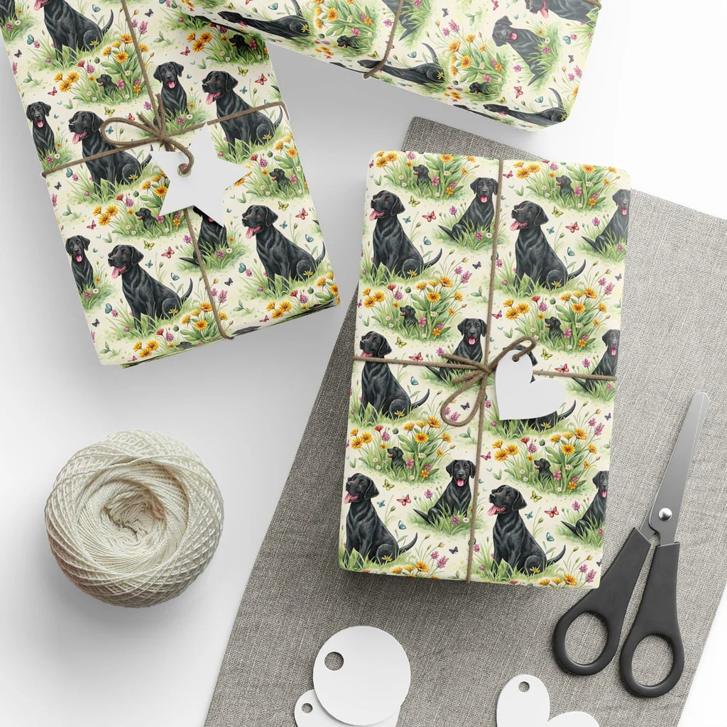 Black Lab in Bloom: Black Labrador Wrapping Paper — styled gift wrapping with scissors and twine