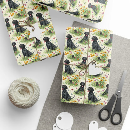 Black Lab in Bloom: Black Labrador Wrapping Paper — styled gift wrapping with scissors and twine