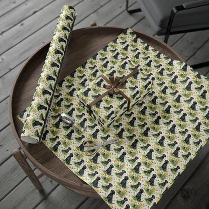 Black Lab in Bloom: Black Labrador Wrapping Paper — gift wrapping presented on a wooden table