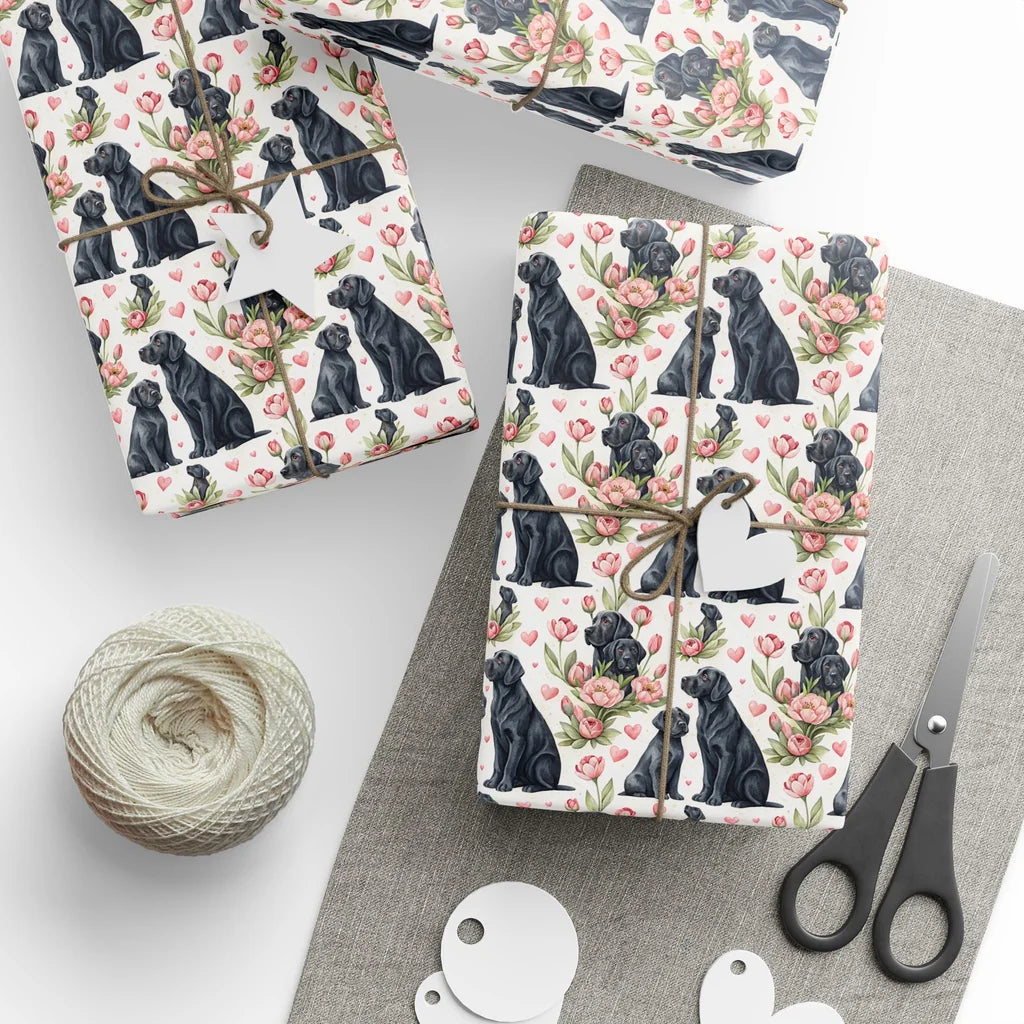 Black Lab in Bloom Wrapping Paper — styled gift wrapping with scissors and twine