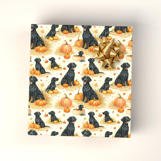 Black Lab Pumpkin Patch Fall Wrapping Paper — wrapped gift presentation