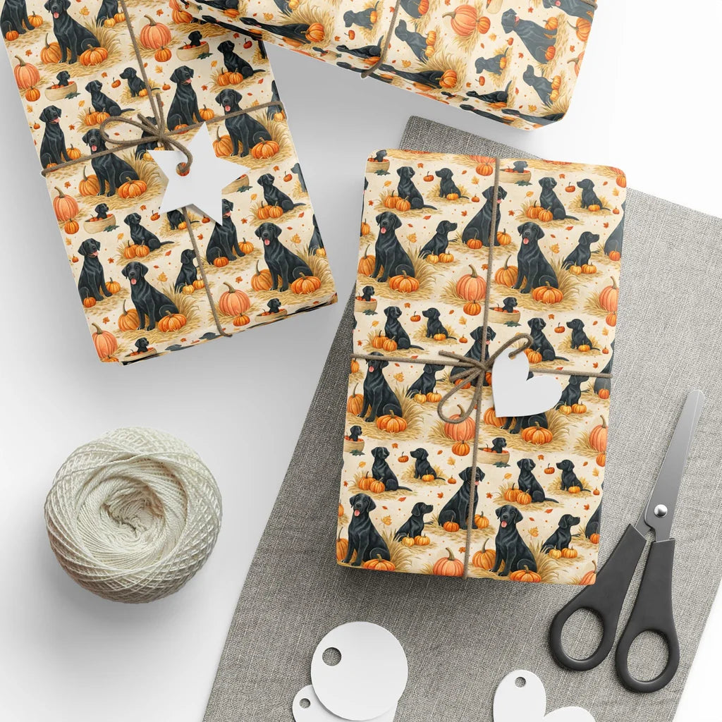 Black Lab Pumpkin Patch Fall Wrapping Paper — styled gift wrapping with scissors and twine