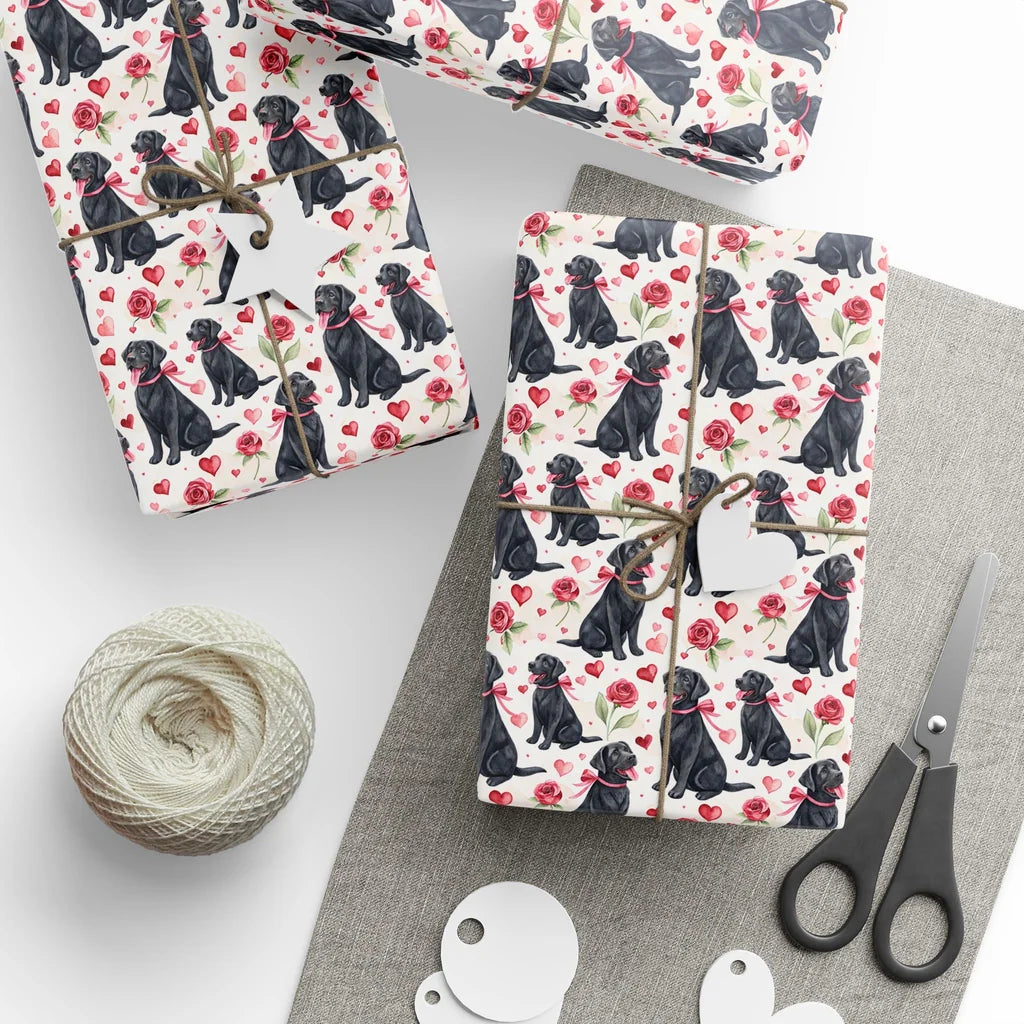 Black Lab Valentine Wrapping Paper — styled gift wrapping with scissors and twine