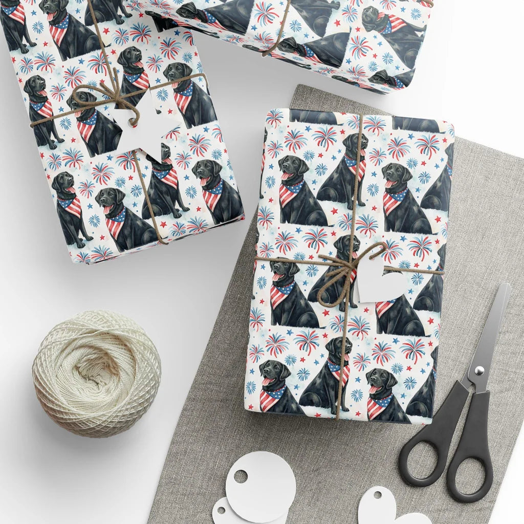 Black Labrador Retriever Americana Wrapping Paper — styled gift wrapping with scissors and twine