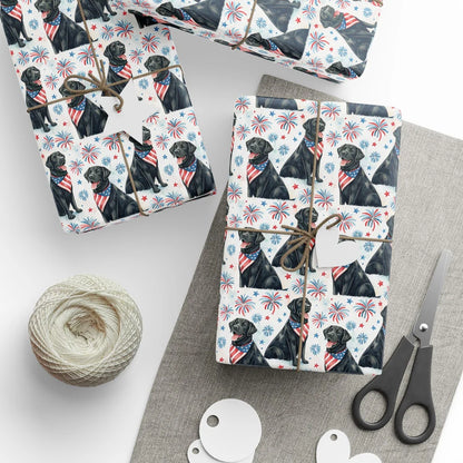 Black Labrador Retriever Americana Wrapping Paper — styled gift wrapping with scissors and twine
