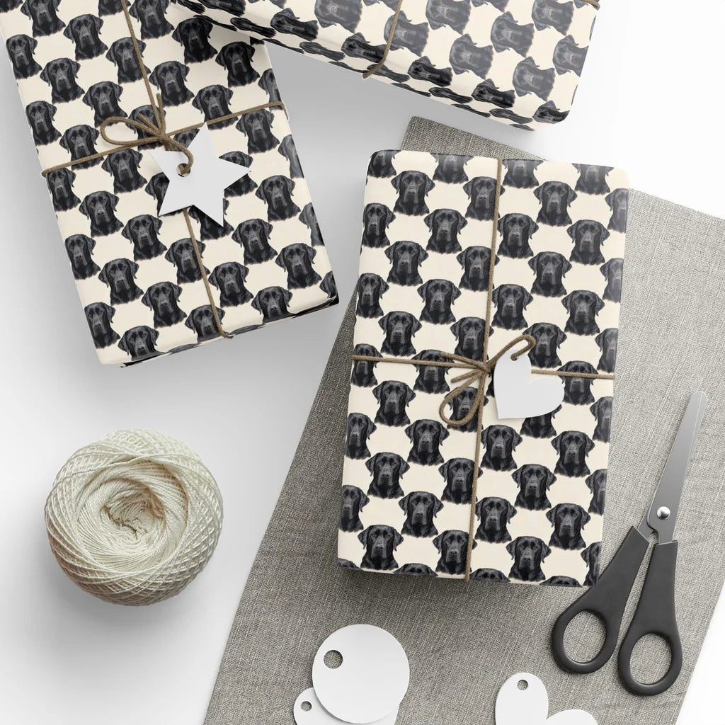 Black Labrador Retriever Portrait Wrapping Paper — styled gift wrapping with scissors and twine