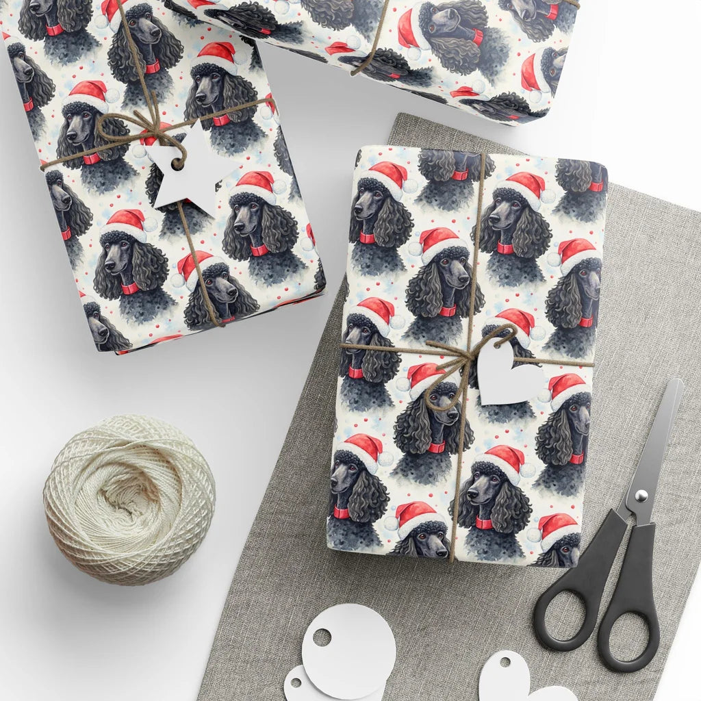 Black Poodle Santa Christmas Wrapping Paper — styled gift wrapping with scissors and twine